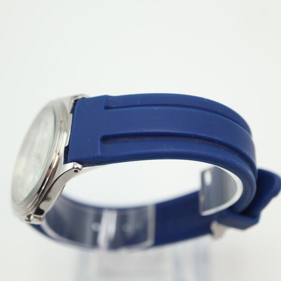 Kenneth Cole NY Mens Day Date Watch 37mm Silver Tone Blue Silicone w New Battery - Picture 12 of 16